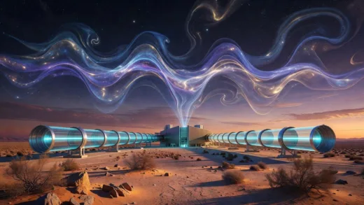 A majestic artistic representation of the LIGO observatory with its two 4km long arms stretching into the desert landscape, with laser beams visible inside the tubes and cosmic waves in the background symbolizing gravitational waves from distant black hole mergers.