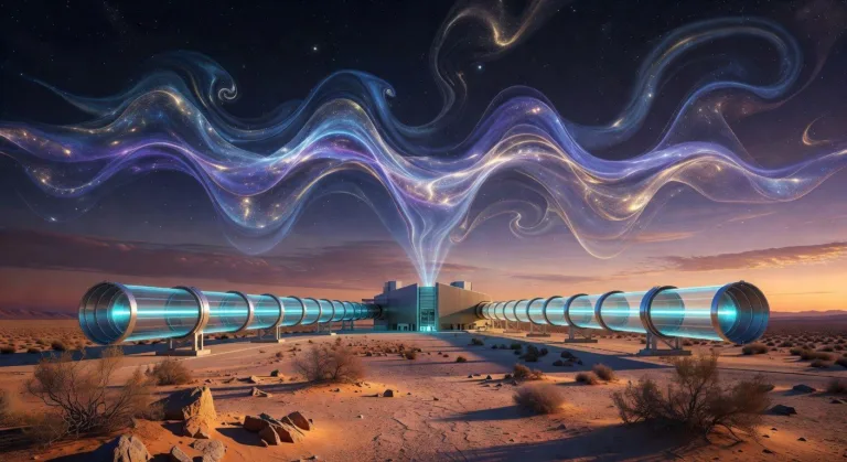 A majestic artistic representation of the LIGO observatory with its two 4km long arms stretching into the desert landscape, with laser beams visible inside the tubes and cosmic waves in the background symbolizing gravitational waves from distant black hole mergers.