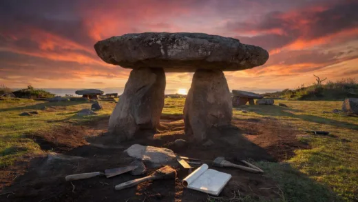 A majestic Korean dolmen (Goindol) under dramatic sunset sky on Ganghwa Island, showing massive stone capstone supported by upright stones, historical landscape with archaeological tools, photorealistic style.