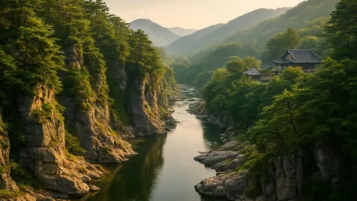 A majestic view of Donggang River flowing through steep rocky cliffs in Yeongwol, Gangwon-do, with lush pine forests and traditional Korean architecture in the distance, capturing the coexistence of nature and history under a soft morning light.