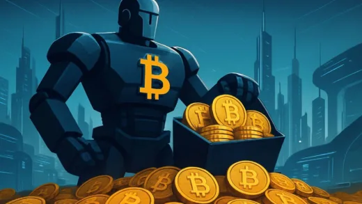 A massive corporate giant collecting bitcoin coins in a futuristic financial landscape
