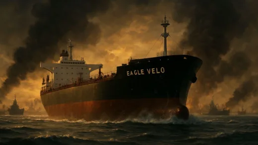 A massive oil tanker, "Eagle Velo," is seen defiantly breaking through a chaotic, war-torn Hormuz Strait at dawn, with smoke in the distance and other ships halted. The atmosphere is tense and dramatic.