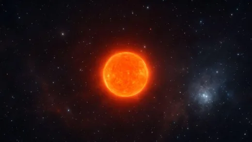 A massive red supergiant star Betelgeuse glowing brightly in the Orion constellation against a dark starry sky, with nebulae and distant galaxies visible