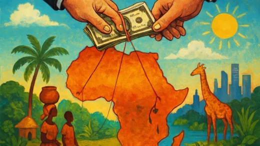 A metaphorical image showing hands giving money to Africa, but with strings attached, symbolizing conditional aid and underlying complexities. The setting is vibrant and diverse, representing the continent.