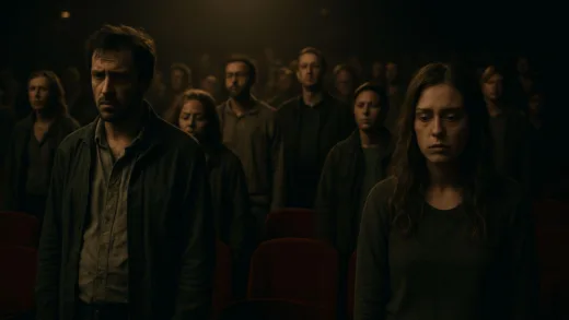 A metaphorical scene of people in a movie theater all standing up to watch a film while looking tired, representing involution concept in modern society, cinematic lighting