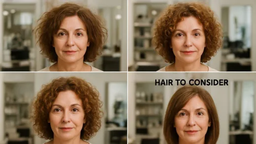 A middle-aged woman with hairstyles to avoid: messy unkempt hair, overly permed curly hair, and long straight hair with thin volume, showing comparison between good and bad hairstyle choices for mature women, professional photography, studio lighting, beauty salon background