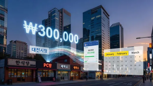 A modern cityscape of Daejeon with a glowing 300,000 won symbol floating above small business storefronts, showing a digital bank transfer animation from the city government to a small business owner's account, with calendar showing January to March months highlighted.