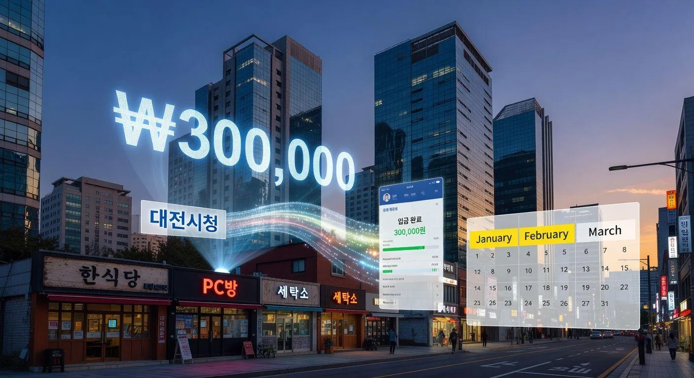A modern cityscape of Daejeon with a glowing 300,000 won symbol floating above small business storefronts, showing a digital bank transfer animation from the city government to a small business owner's account, with calendar showing January to March months highlighted.