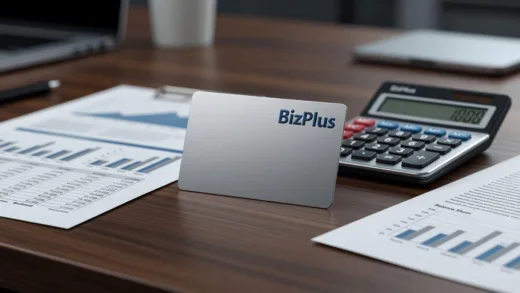 A modern credit card with 'BizPlus' logo on a business desk with documents and calculator, professional lighting, business concept