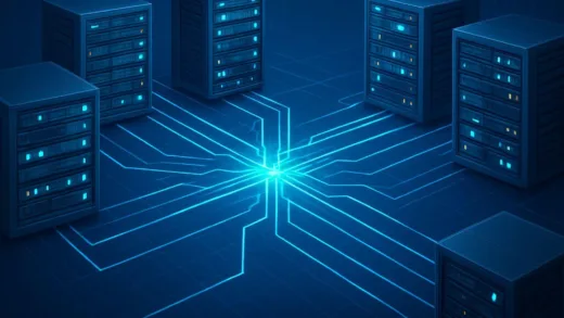 A modern digital infrastructure hub showing multiple servers and networks connecting at a central intersection point, futuristic data center concept