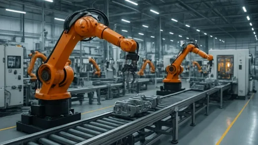 A modern factory floor with advanced robotics, reflecting global manufacturing.