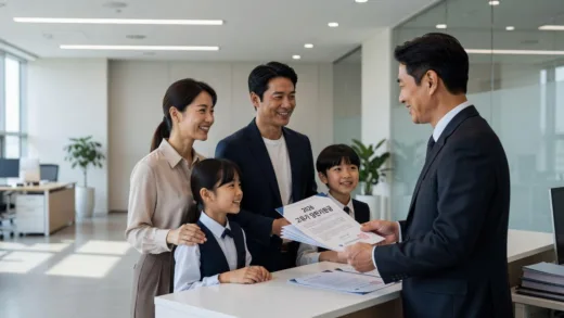 A modern government announcement scene with official documents showing '2026 High Oil Price Damage Support Fund' in Korean, with a smiling family receiving financial support, clean office background, professional setting, realistic style