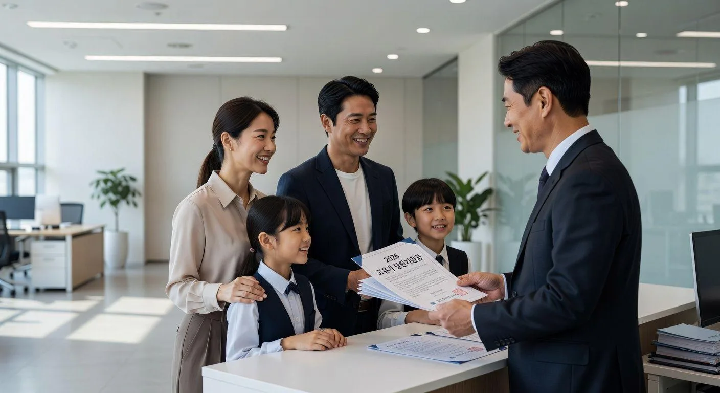 A modern government announcement scene with official documents showing '2026 High Oil Price Damage Support Fund' in Korean, with a smiling family receiving financial support, clean office background, professional setting, realistic style