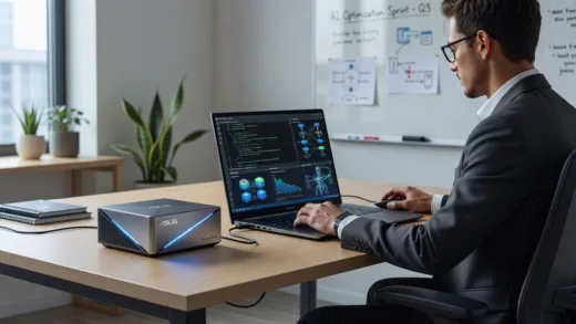 A modern, professional office desk with an ASUS Ascent GX10 mini-PC prominently displayed. A user is working on a laptop connected to the GX10, with AI-related code or models displayed on the screen. The atmosphere is innovative and efficient.