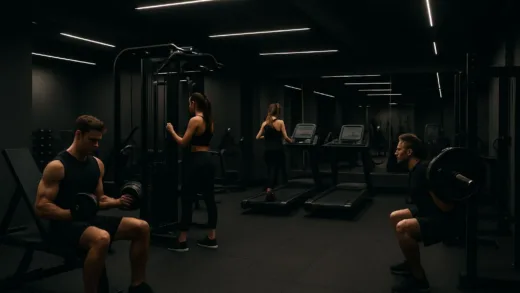 A modern, sleek fitness club with a few people exercising, but some empty spaces, symbolizing the competitive market. The lighting is slightly dim but focused on the equipment.