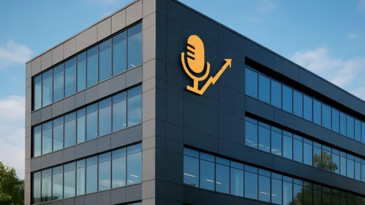 A modern, sleek office building with a small, stylized logo that subtly combines an entertainment icon (e.g., a microphone or stage light) with a financial graph, representing the convergence of entertainment and business. The setting is vibrant and professional.