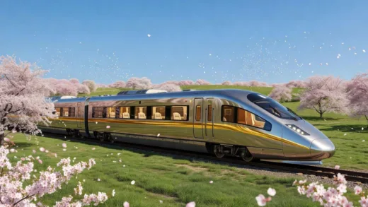 A modern, sleek train car with a golden stripe, traveling through a vibrant spring landscape with cherry blossoms and lush green fields. The train should have a luxurious, inviting feel, under a bright, clear sky. Focus on the 'West Sea Gold Train' aesthetic.