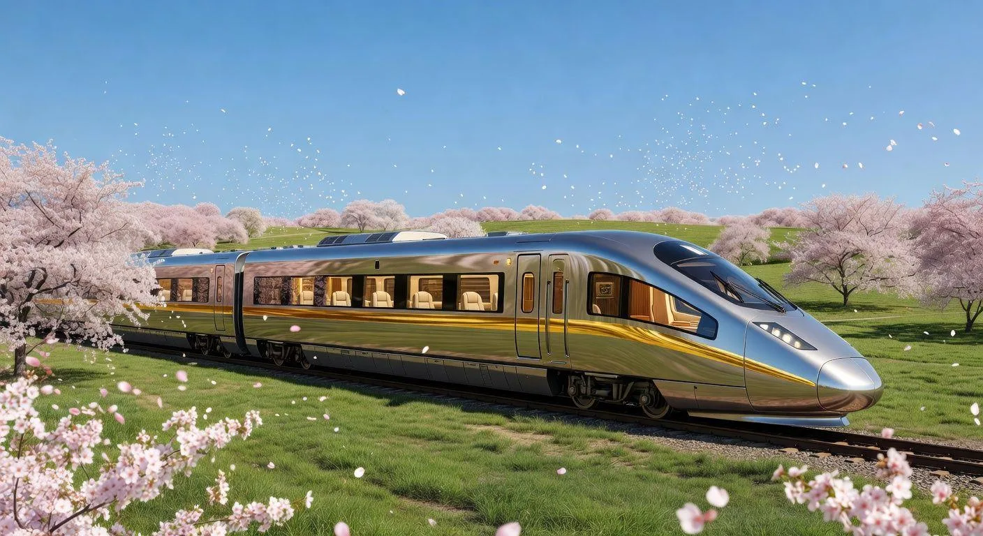 A modern, sleek train car with a golden stripe, traveling through a vibrant spring landscape with cherry blossoms and lush green fields. The train should have a luxurious, inviting feel, under a bright, clear sky. Focus on the 'West Sea Gold Train' aesthetic.