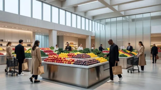 A modern, spacious luxury food hall in a department store with elegant displays of fresh fruits and vegetables, stylish customers shopping, and minimalist interior design with natural lighting, showcasing a high-end grocery experience.