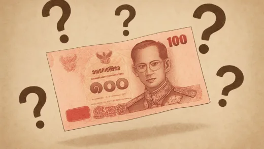 A mysterious Thai Baht banknote floating in the air with question marks around it, representing the currency's unexplained strength