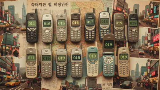 A nostalgic collage of vintage Korean mobile phones from the 1990s with different number prefixes (011, 016, 017, 018, 019) displayed on their screens, arranged on a retro background with Korean cityscape from that era.