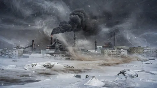 A panoramic view of Norilsk city under heavy snowstorm with dark industrial smoke covering the sky, showing extreme arctic conditions with frozen landscape and polluted atmosphere, industrial complexes visible in distance, photorealistic style