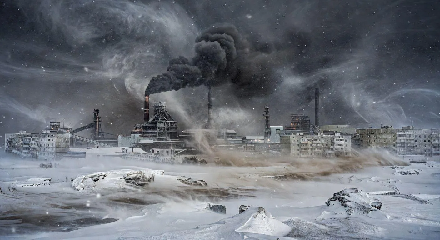 A panoramic view of Norilsk city under heavy snowstorm with dark industrial smoke covering the sky, showing extreme arctic conditions with frozen landscape and polluted atmosphere, industrial complexes visible in distance, photorealistic style