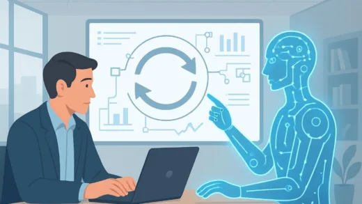 A person collaborating with an abstract, intelligent AI entity on a complex project, showing a continuous feedback loop and iterative process, in a modern, professional office setting.