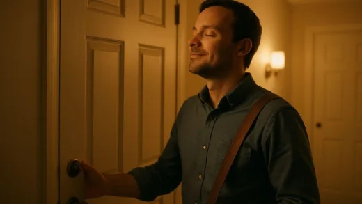 A person feeling a sense of relief and peace while closing the front door of their home after work, with a soft, warm light illuminating the hallway. The overall atmosphere is quiet and comforting.