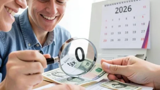 A person happily counting money, with a magnifying glass over a tax form showing '0 tax'. In the background, a calendar shows '2026'.
