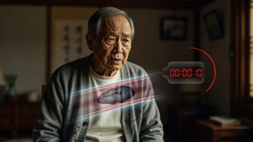A person in their 60s looking concerned, a transparent overlay showing a partially blocked blood vessel, with a subtle ticking bomb graphic nearby. The scene conveys silent danger and urgency. Korean elderly.