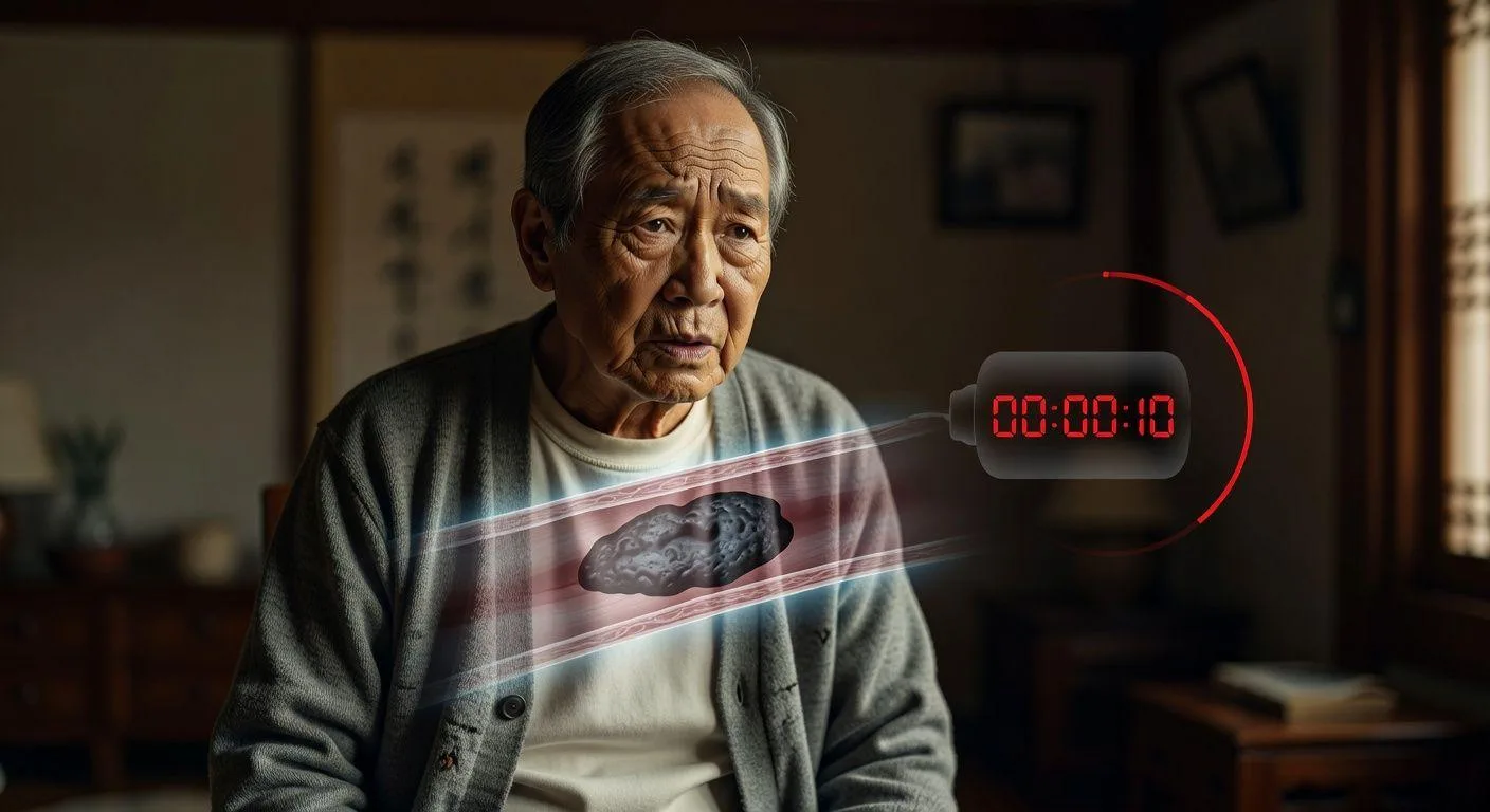 A person in their 60s looking concerned, a transparent overlay showing a partially blocked blood vessel, with a subtle ticking bomb graphic nearby. The scene conveys silent danger and urgency. Korean elderly.