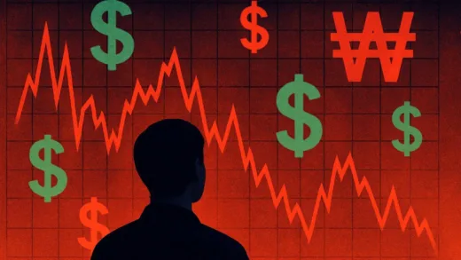 A person looking at a rapidly moving financial chart with dollar signs and Korean Won symbols, representing high exchange rates and economic pressure.
