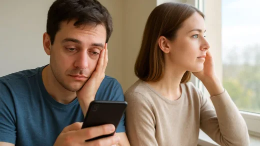 A person looking at a smartphone with tired eyes, next to another person practicing the 20-20-20 rule by looking out a window at a distant object. The scene is brightly lit but not harsh.