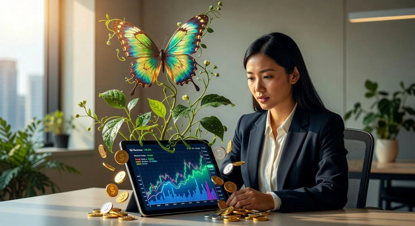 A person looking at financial charts on a tablet with coins and plants growing from the screen, symbolizing financial growth and freedom.