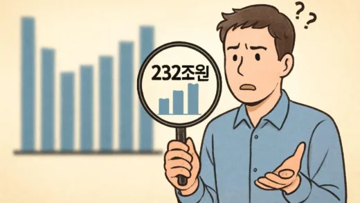 A person looking confused at a large, blurry bar graph, with a magnifying glass revealing a much smaller, clearer bar in the background. The graph represents investment figures, with an overlay of text in Korean indicating "232 Trillion Won".
