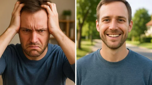 A person looking frustrated at home, while outside they appear calm and friendly, illustrating a stark contrast in behavior between public and private settings.