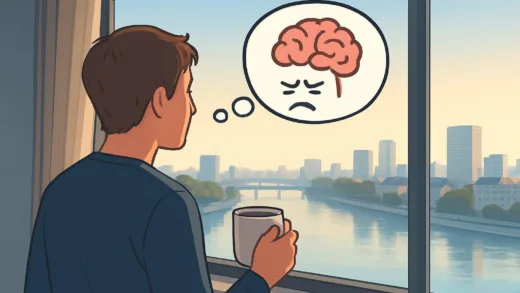 A person looking out a window at a city view with a river, holding a coffee cup, with a thought bubble showing a frustrated expression and a brain icon. The scene is bright and modern, early morning light.