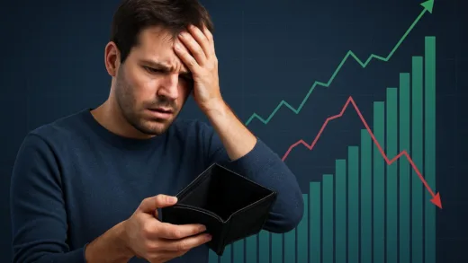 A person looking stressed while looking at an empty wallet, with a background of increasing financial graphs.