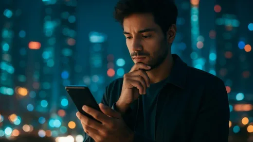 A person looking thoughtfully at a smartphone, with futuristic city lights in the background, showing both convenience and a hint of contemplation. The image should convey both progress and introspection.