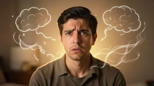 A person looking worried, surrounded by swirling thoughts, but with a subtle glow of self-awareness emerging. Soft, warm lighting, hopeful atmosphere, symbolizing potential and hidden strength.