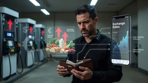 A person looking worriedly at their wallet, with various daily expenses like gas pumps, food, and a smartphone shown in the background, all subtly linked to rising exchange rates. The overall atmosphere is slightly stressful but informative.
