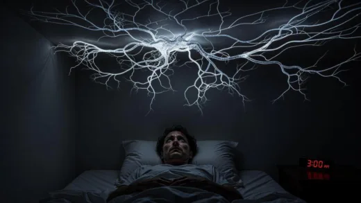 A person lying in bed at 3 AM staring at the ceiling with glowing neural connections visible in the dark room, representing brain overload and insomnia.