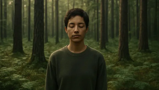 A person standing alone in a serene forest, looking inward with peaceful expression, symbolizing intentional disappearance and self-reflection