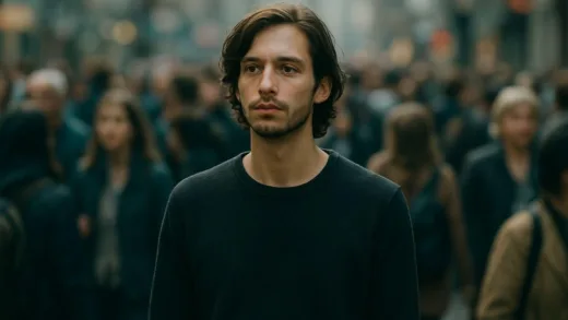 A person standing calmly in a crowded place, with a subtle aura of quiet observation and deep thought.