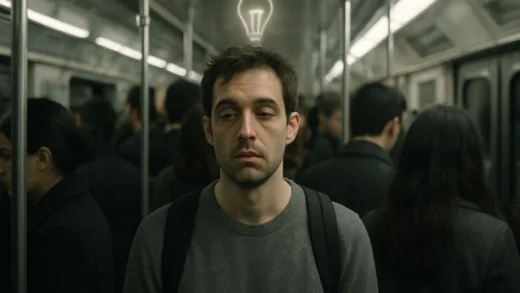 A person standing in a crowded subway train during Monday morning rush hour, looking tired and spaced out, with a faint, almost invisible light bulb emoji above their head, symbolizing a blank mind. The scene is slightly desaturated, emphasizing the feeling of lethargy. Mobile optimized perspective.