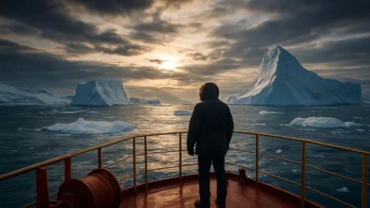 A person standing on the deck of a powerful icebreaker ship, looking out at a vast Antarctic landscape with massive icebergs and a dramatic sky, conveying a sense of awe and discovery.
