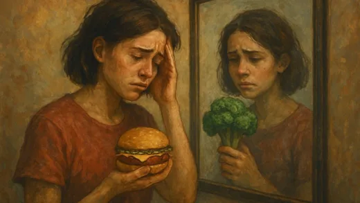 A person struggling with food choices while looking at a mirror, emotional digital art