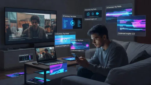 A person watching multiple AI-generated video summaries on a smartphone screen while ignoring the original video content, digital art style