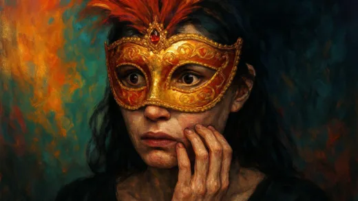 A person wearing a glamorous mask, but behind the mask, their face shows anxiety and insecurity. The background is a mix of bright and dark colors, symbolizing outer confidence and inner turmoil.